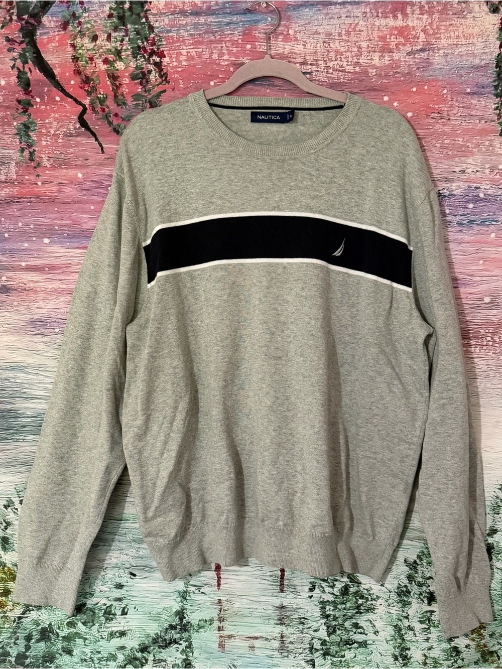 Nautica Light Gray Crewneck Sweater with Black Chest Stripe